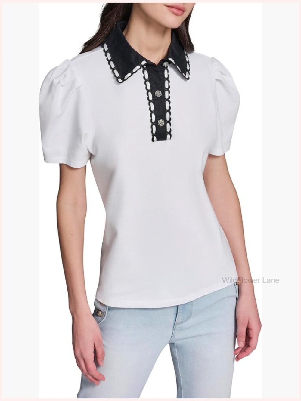 Karl Lagerfeld Threaded Lace Rosette Buttons Blouse